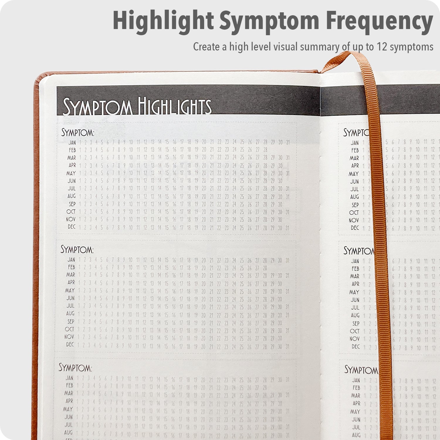 highlight symptom frequency create a high level visual summary of up to 12 symptoms the symptoms log a beautifully designed high quality journal for tracking multiple symptoms